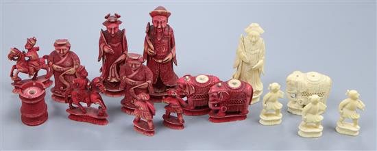 A stained and carved ivory oriental part chess set and a covered box